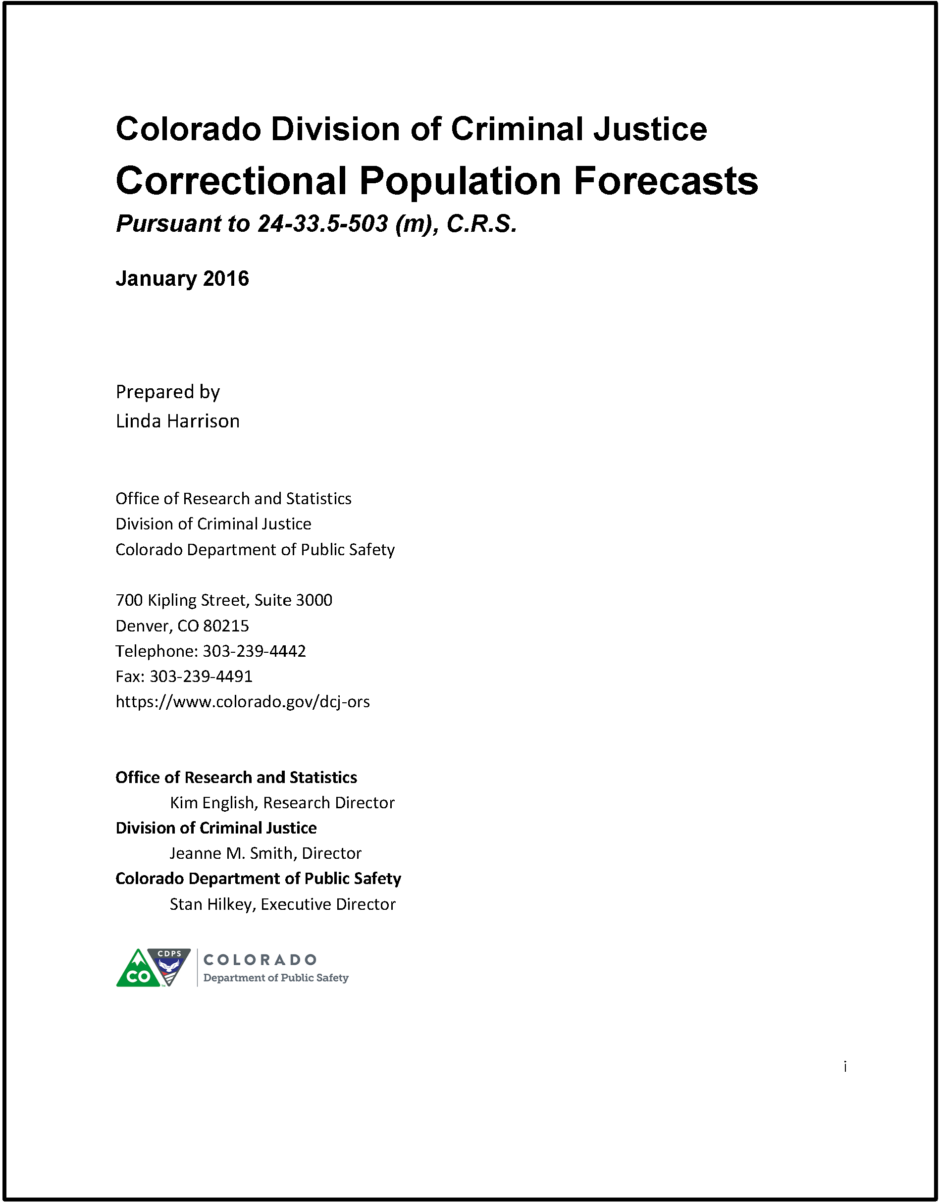 Correctional Population Forecasts, FY 2016 (January 2016)