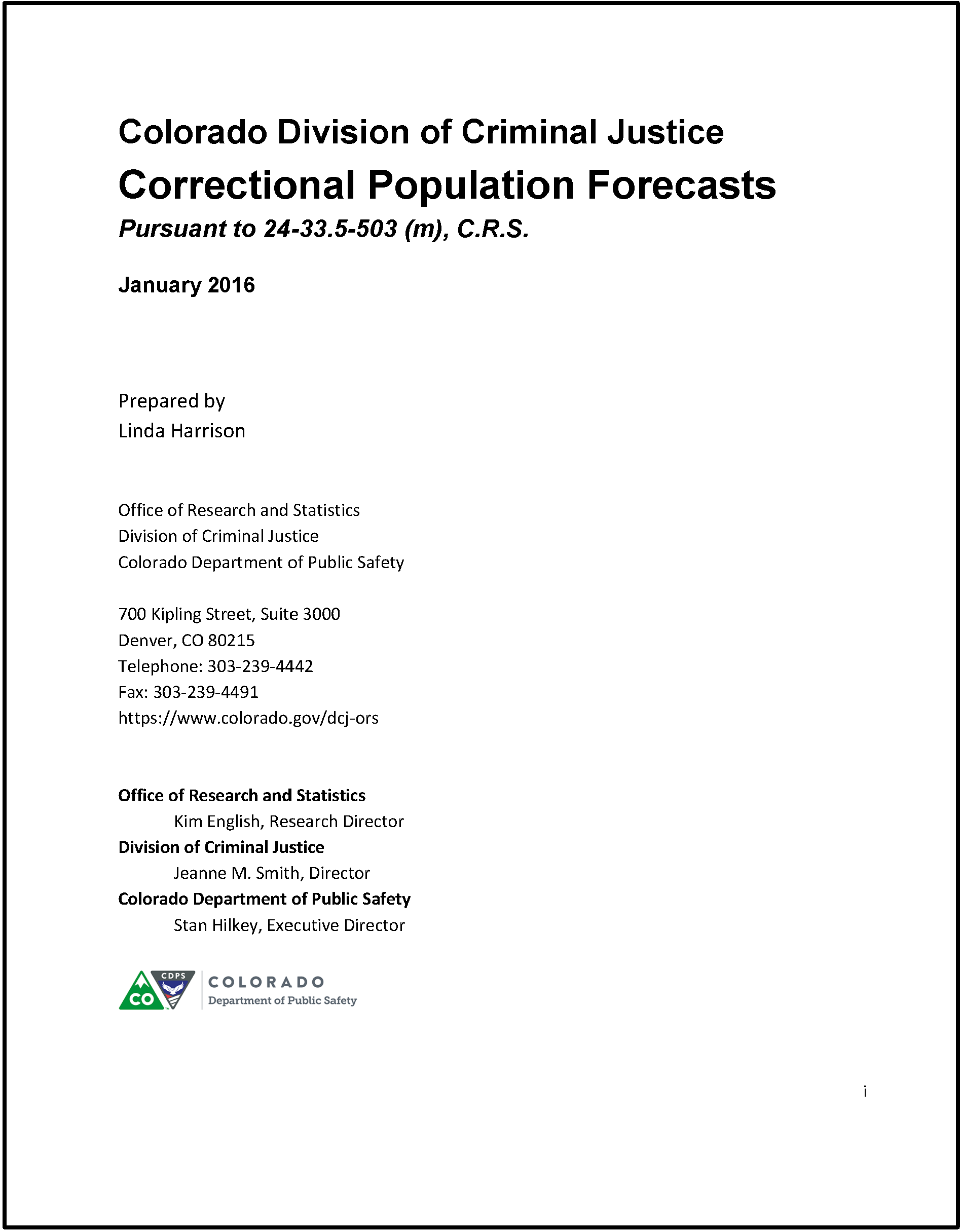 Adult and Juvenile Correctional Populations Forecasts, FY 2016 (January 2016)