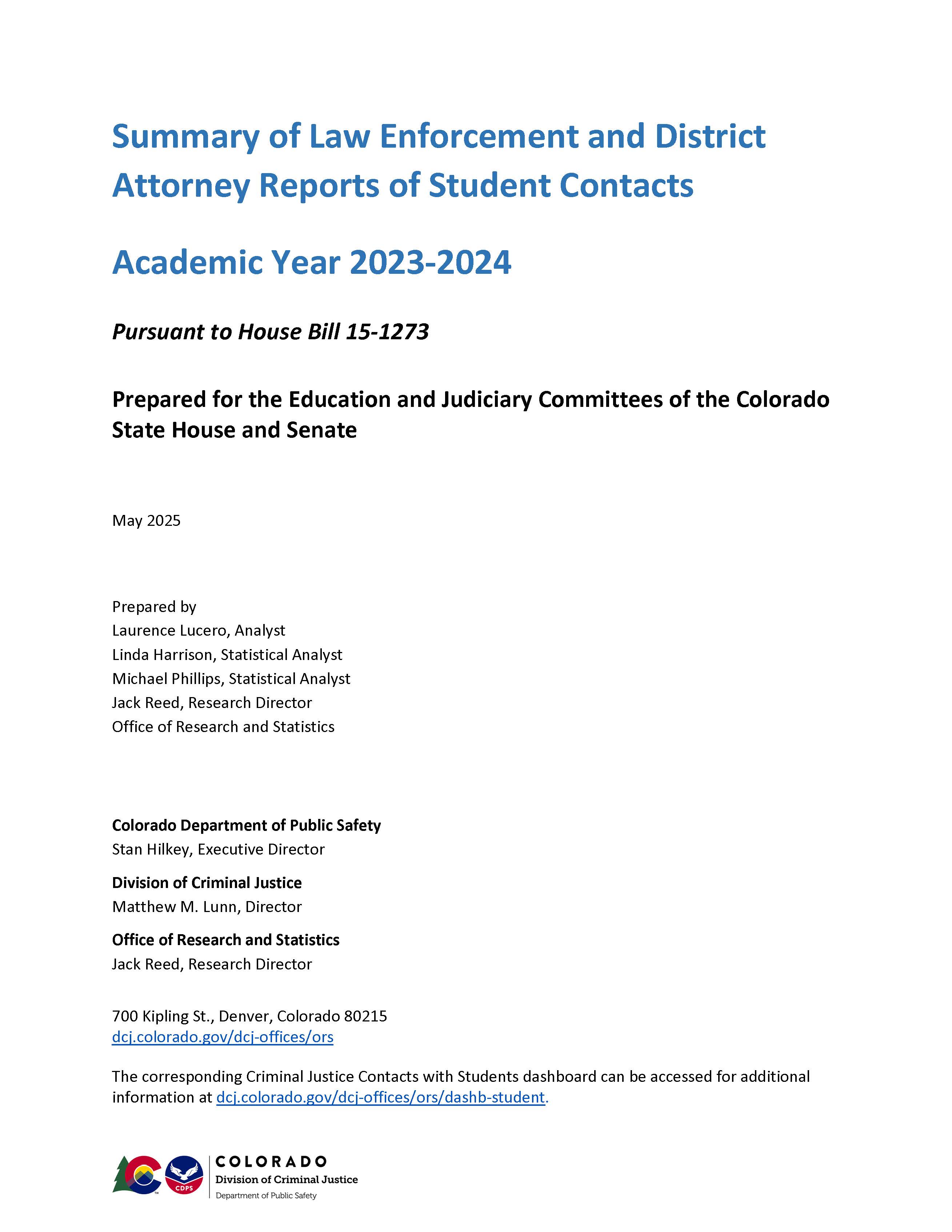 Summary of Law Enforcement and District Attorney Reports of Student Contacts: Academic Years 2023-2024 (May 2025)