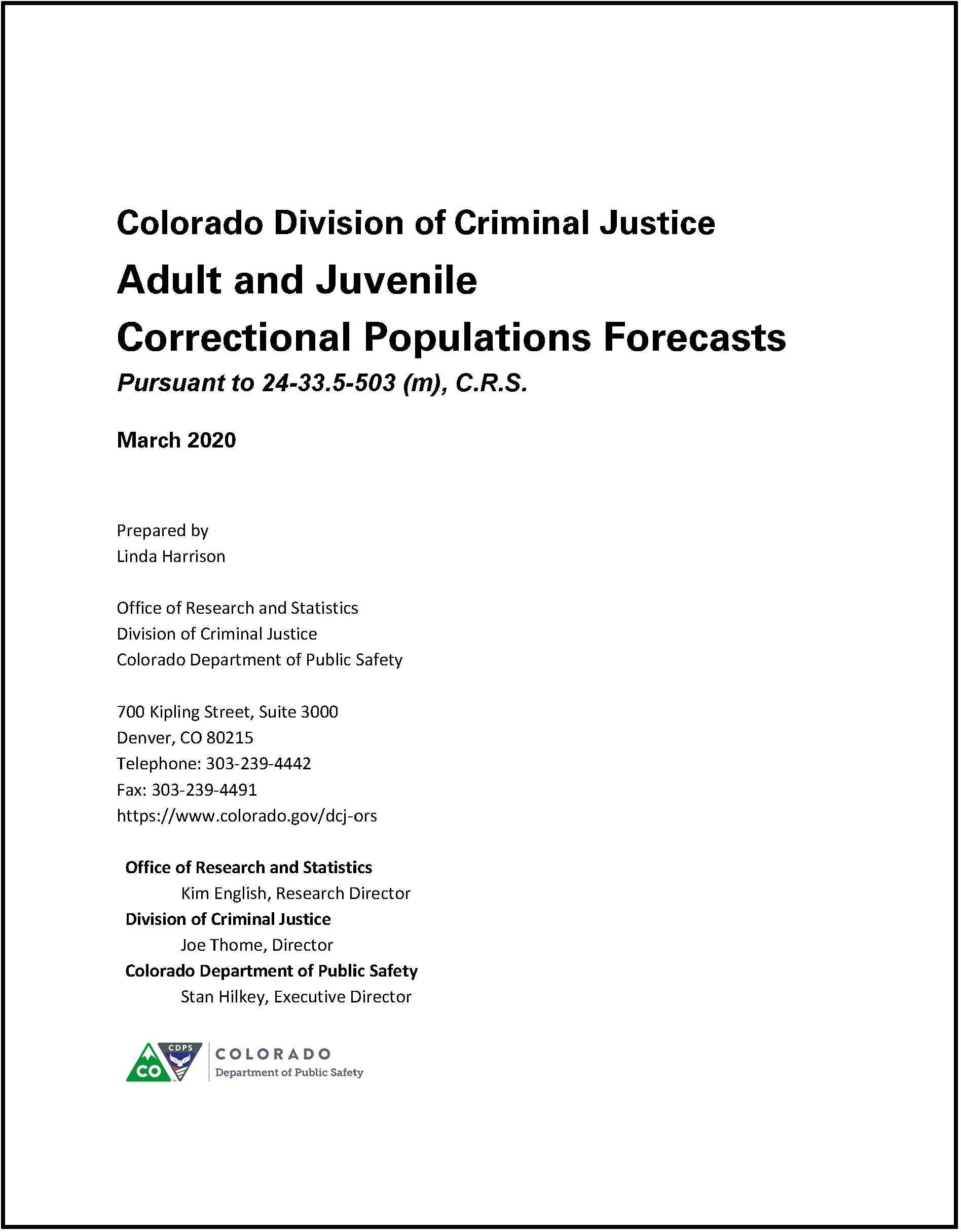 Correctional Population Forecasts, FY 2020