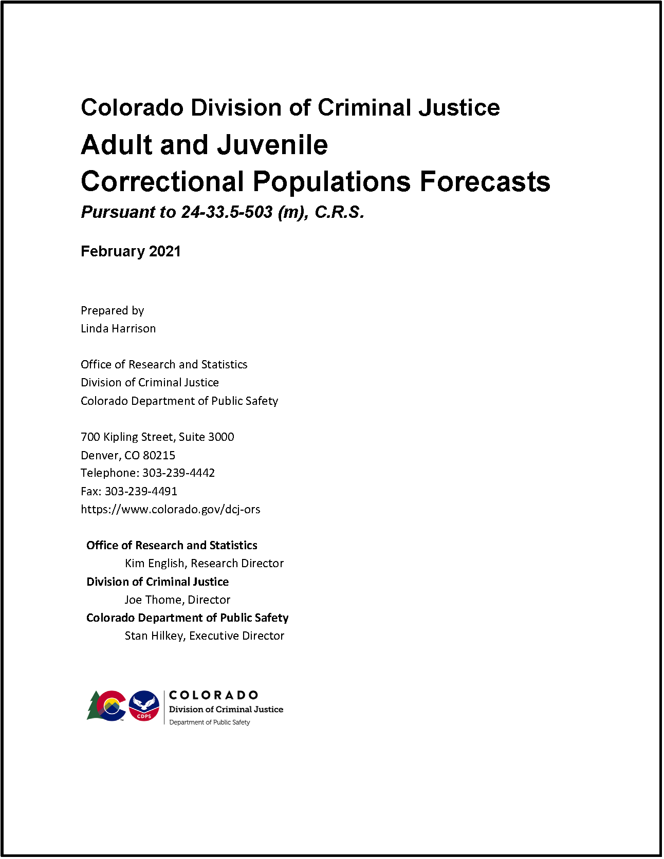 Adult and Juvenile Correctional Populations Forecasts, FY 2021 (February 2021)