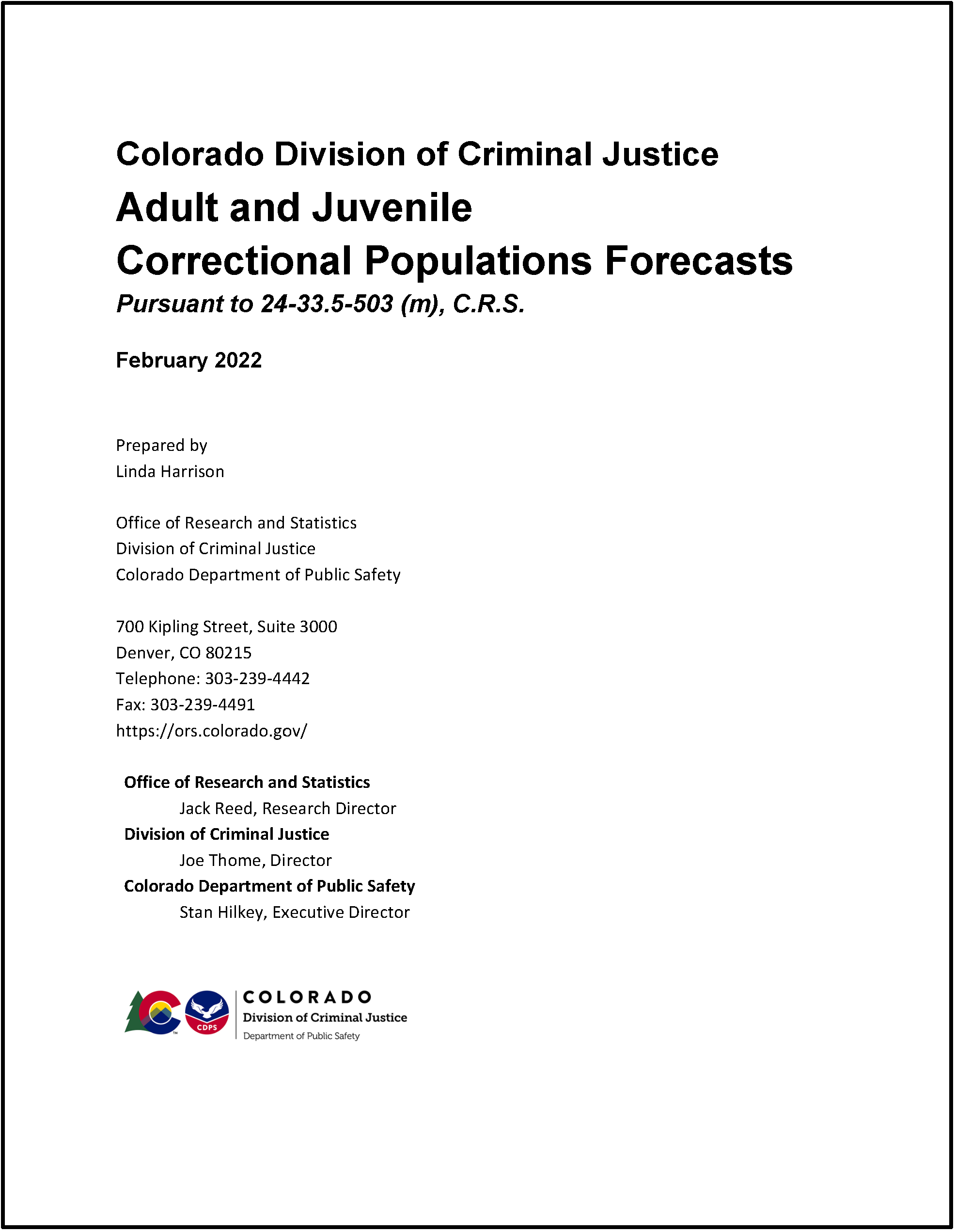 Adult and Juvenile Correctional Populations Forecasts, FY 2022 (February 2022)
