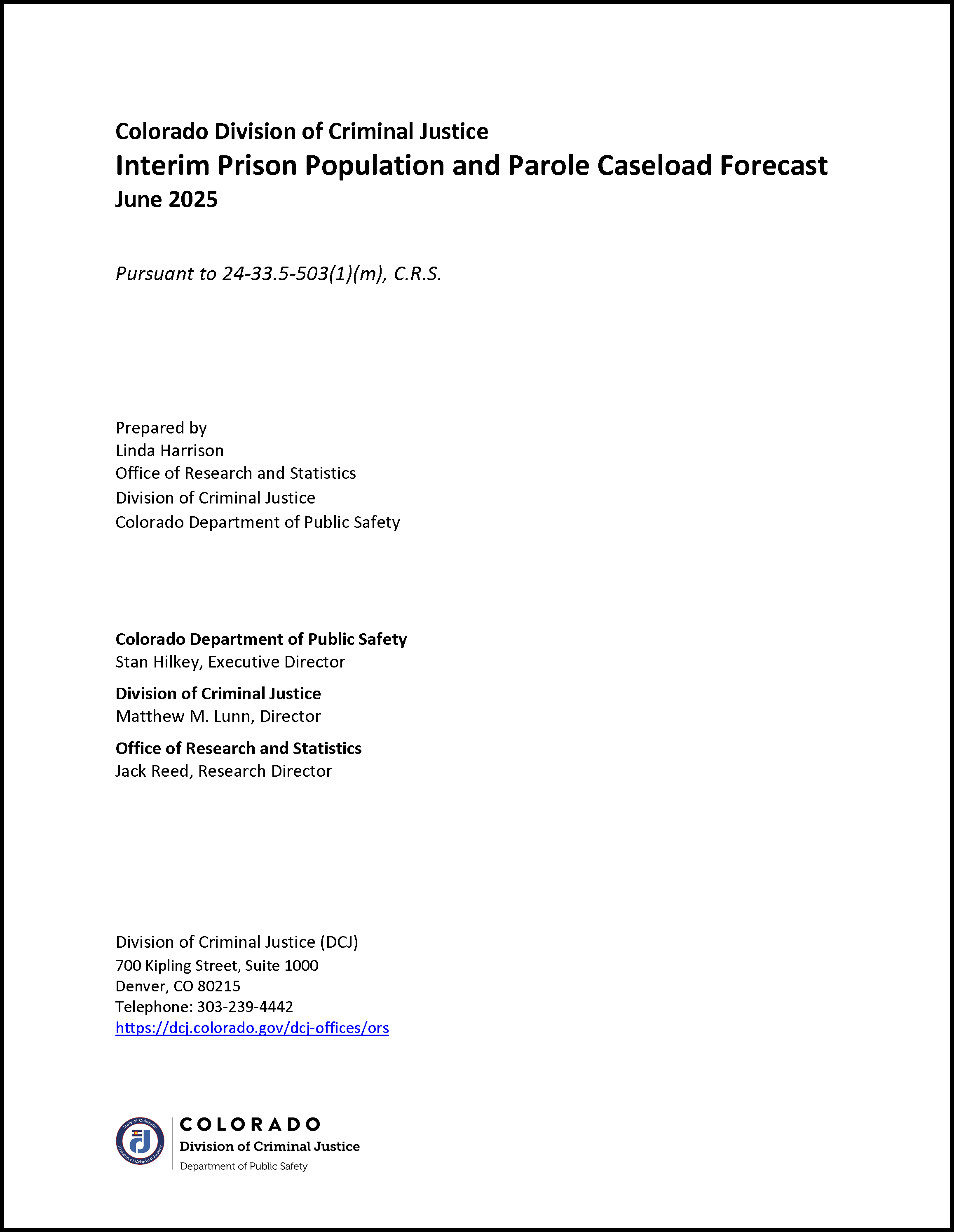 Interim Prison Population and Parole Caseload Forecast, June 2025