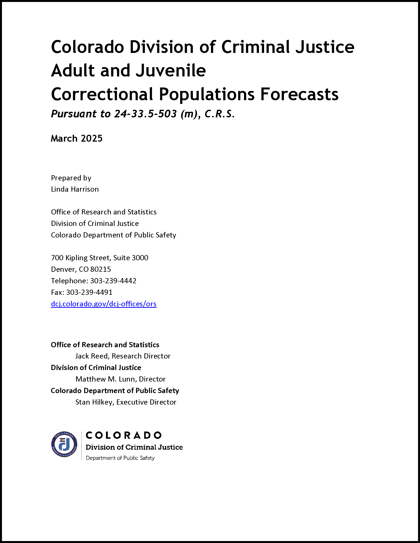 Adult and Juvenile Correctional Populations Forecasts, FY 2025 (March 2025)