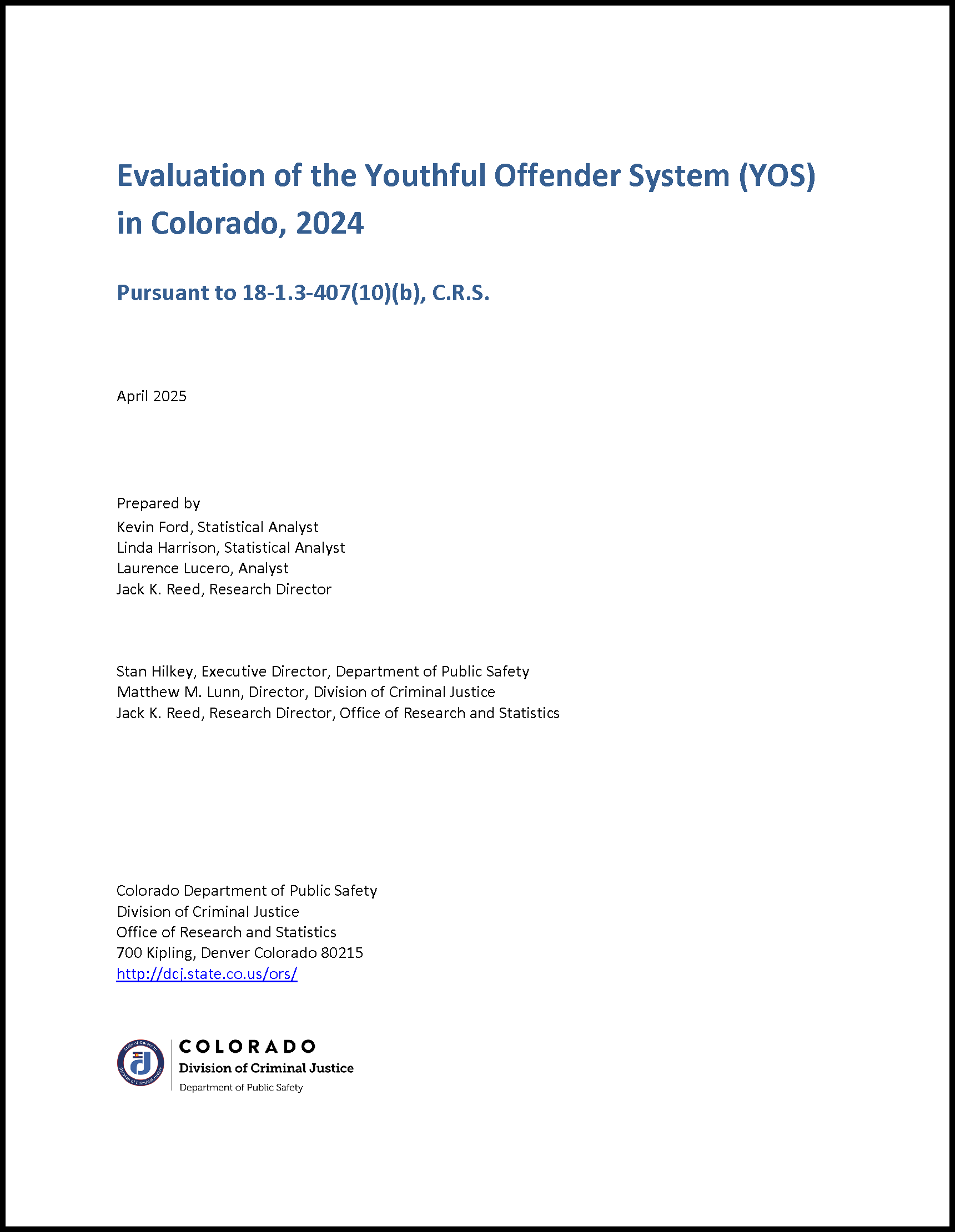 Evaluation of the Youthful Offender System (YOS) in Colorado [2024] (August 2025)