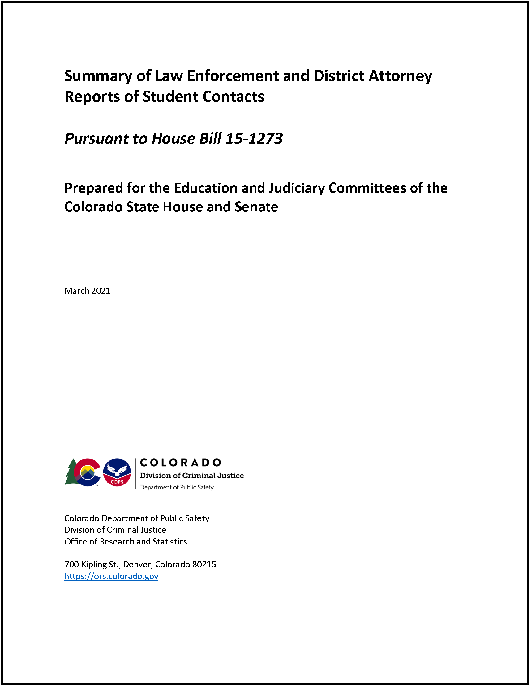 Summary of Law Enforcement and District Attorney Reports of Student Contacts (March 2021)