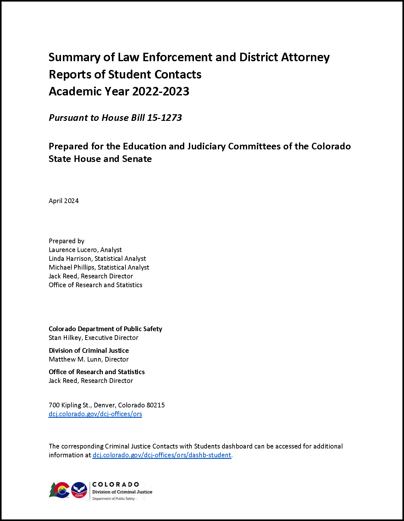 Summary of Law Enforcement and District Attorney Reports of Student Contacts: Academic Years 2022-2023 (April 2024)